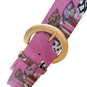 VTG Jeon Los Angeles Made in Italy Pink Leather Floral Gold Satin Buckle Md RARE
